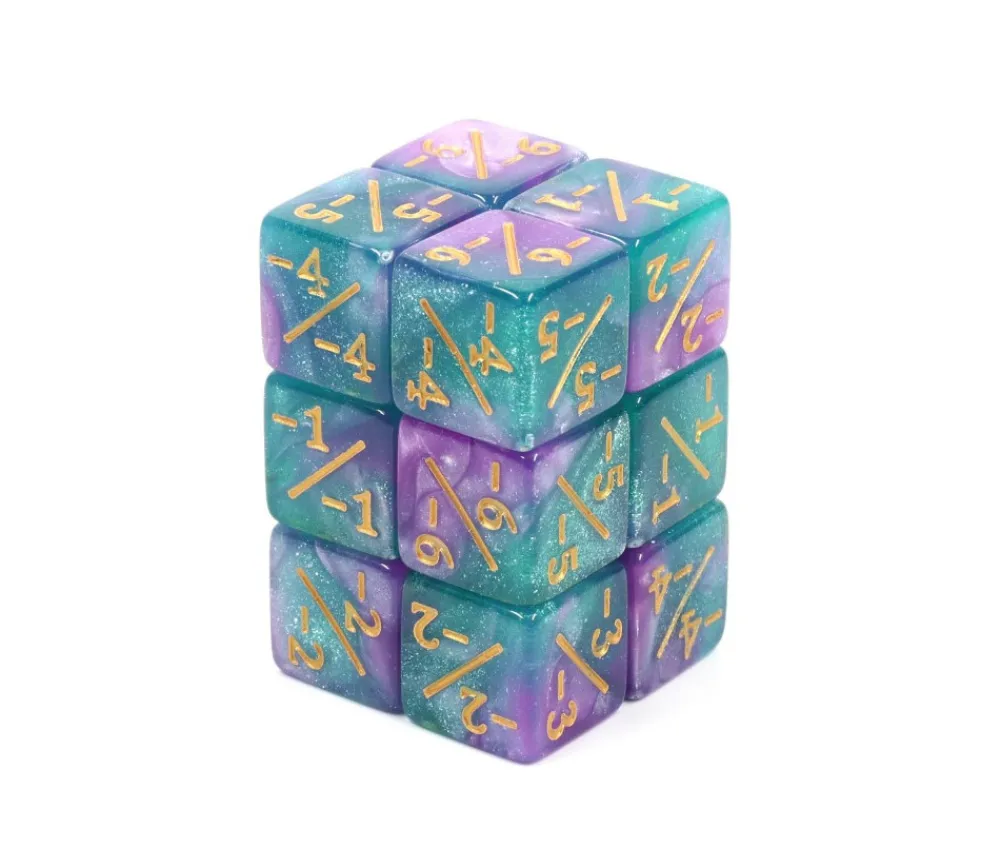Tout Pour le Jeu 6 Dés modificateurs négatifs -1 à -6 nacrés bleu-violet et doré