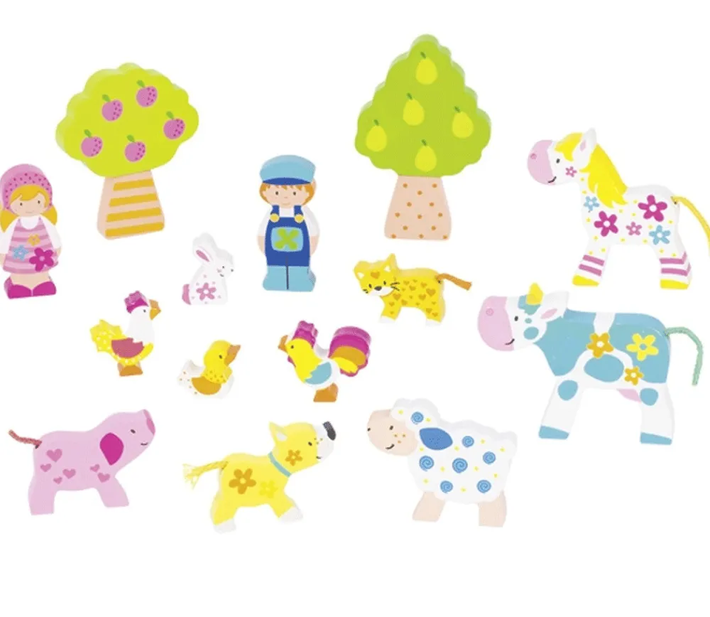 Tout Pour le Jeu 14 figurines bois : personnages et animaux de la ferme colorés