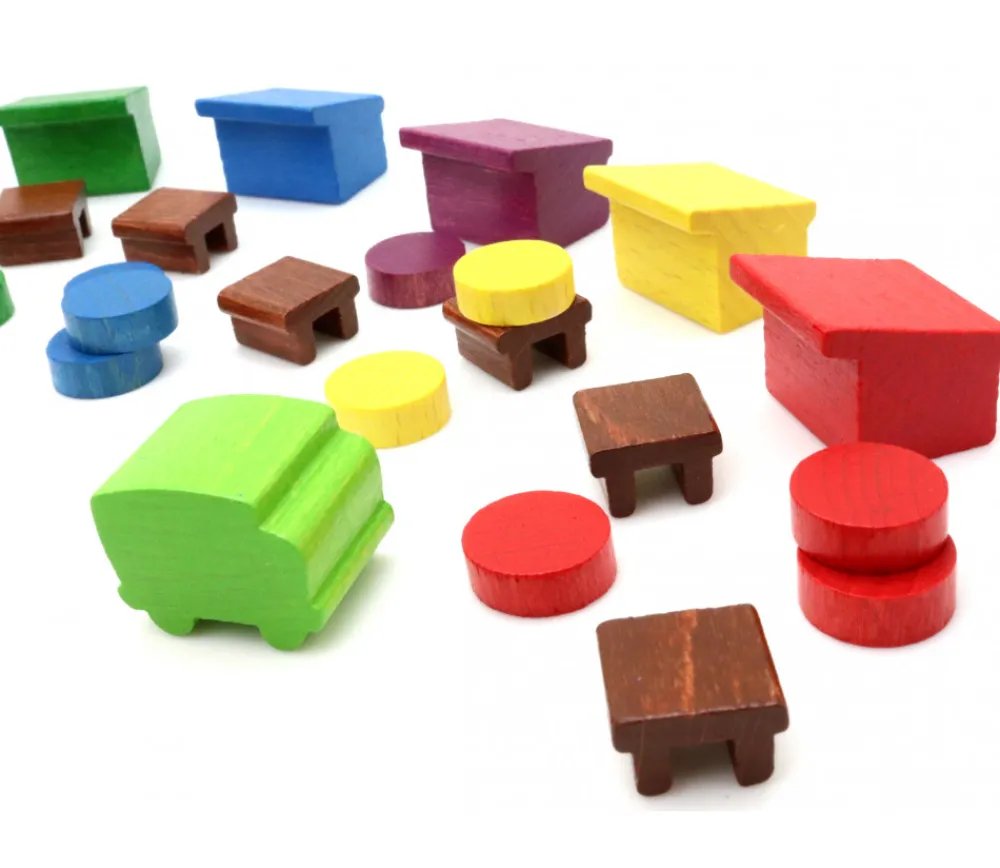 Enfant Tout Pour le Jeu 72 pièces en bois le petit marché : camions, étals, bâtiments et jetons