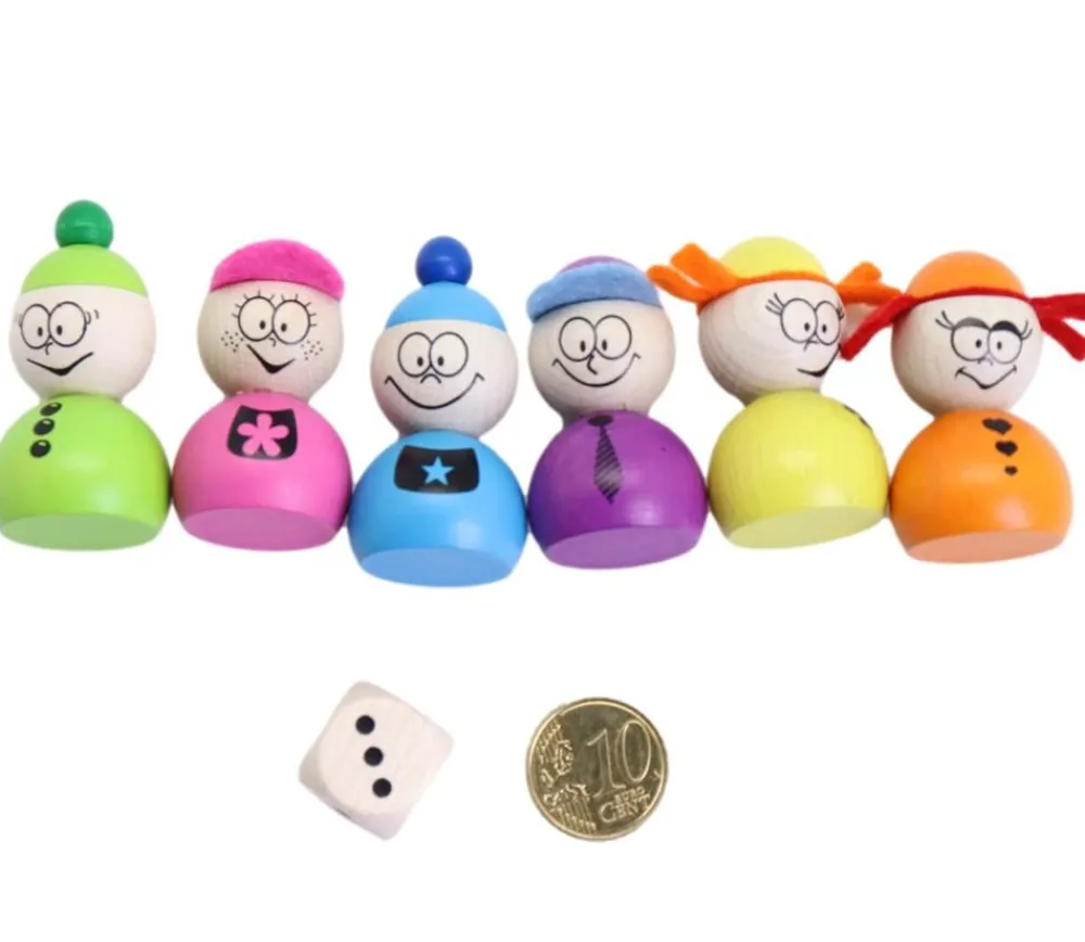 Tout Pour le Jeu 6 pions bois personnages AMIS sympathiques 40x25 mm avec 1 dé