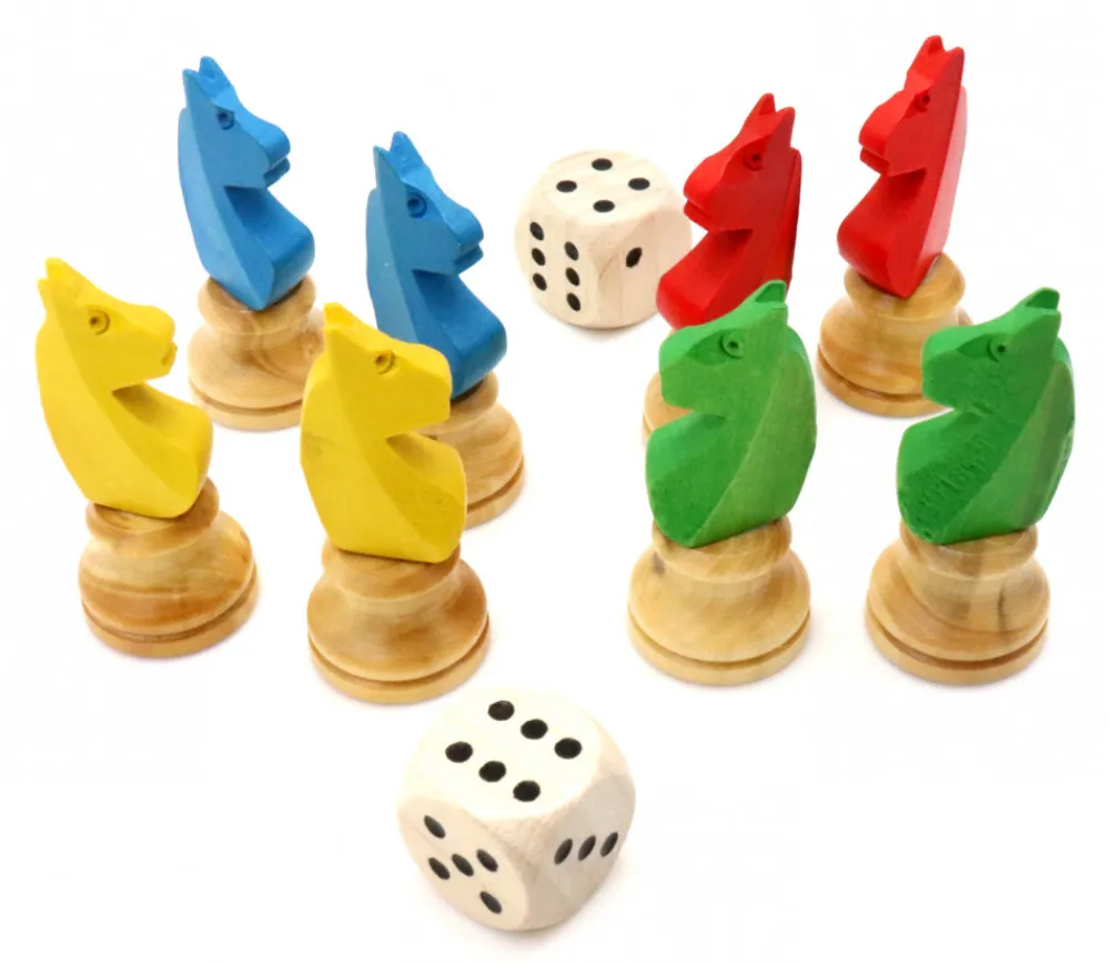 Tout Pour le Jeu 8 pions petits chevaux dada buis 3D et 2 dés