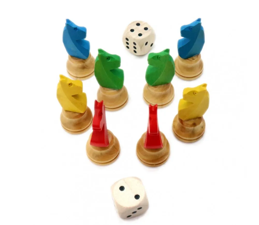 Tout Pour le Jeu 8 pions petits chevaux dada buis 3D et 2 dés