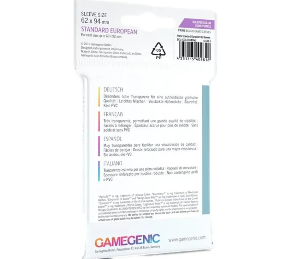 Tout Pour le Jeu 50 sleeves pour cartes 60 x 92 mm standard jeu de carte européen pochette sleeves