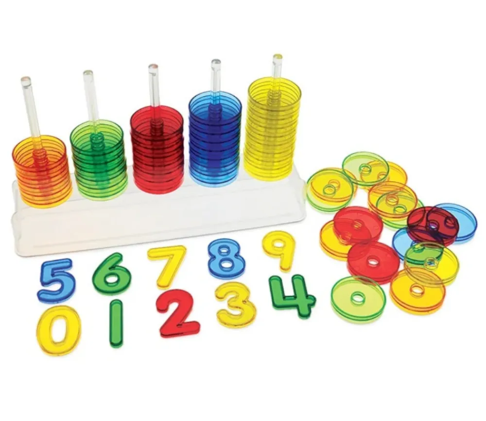 Tout Pour le Jeu Abaque de tri 30 cm- Socle 5 tiges + 50 anneaux translucides colorés 5 cm + 10 chiffres