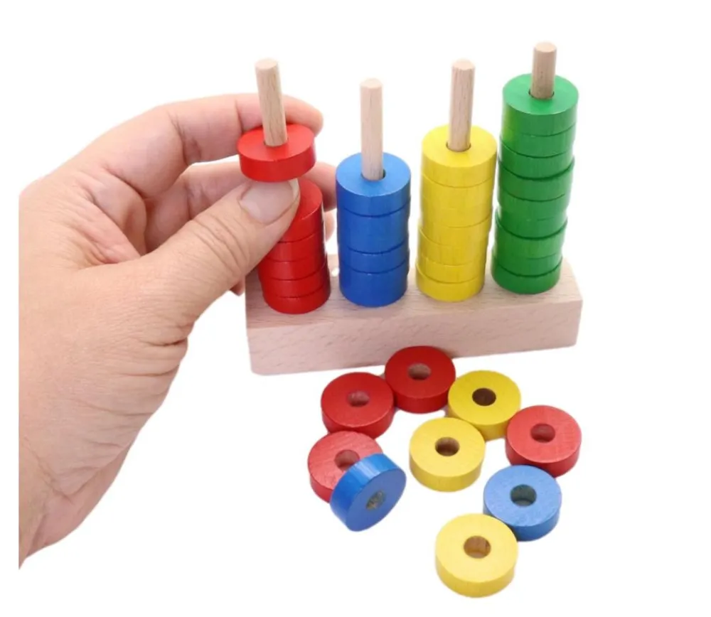 Tout Pour le Jeu Abaque de tri bois - Socle 4 tiges + 40 jetons rouge vert jaune bleu