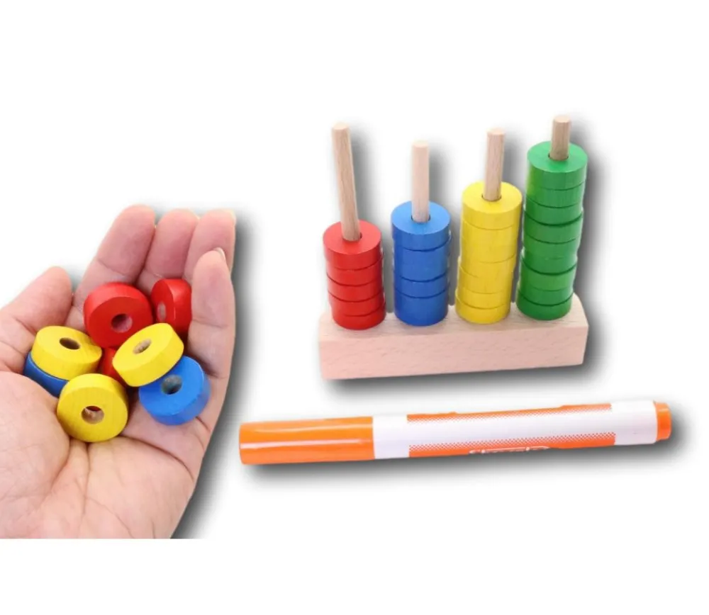 Tout Pour le Jeu Abaque de tri bois - Socle 4 tiges + 40 jetons rouge vert jaune bleu
