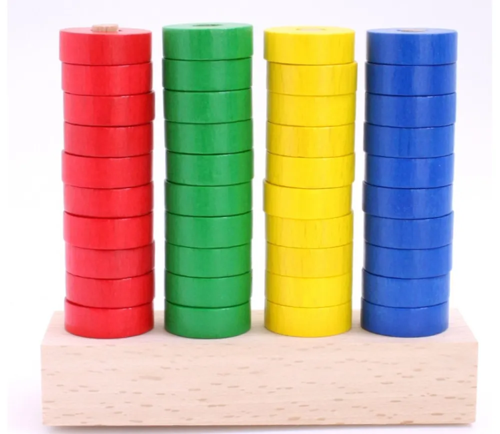 Tout Pour le Jeu Abaque de tri bois - Socle 4 tiges + 40 jetons rouge vert jaune bleu