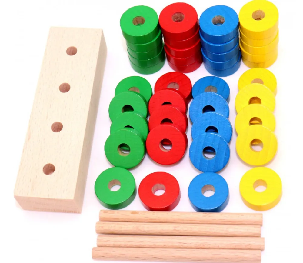 Tout Pour le Jeu Abaque de tri bois - Socle 4 tiges + 40 jetons rouge vert jaune bleu