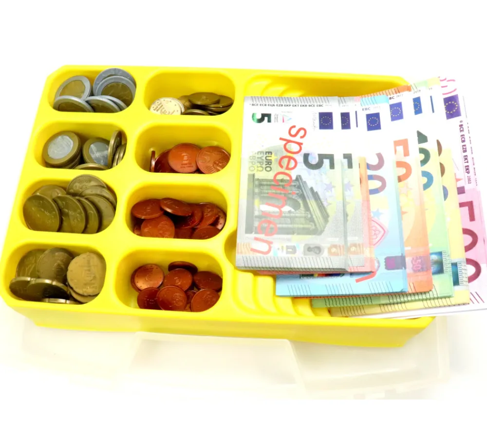 Tout Pour le Jeu Caissette avec 290 pièces et billets euros factices de jeux