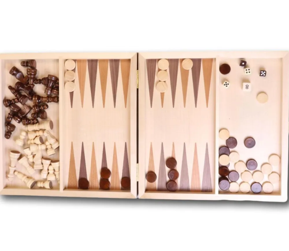 Tout Pour le Jeu Coffret Echecs-dames-backgammon en bois 29 cm marqueté