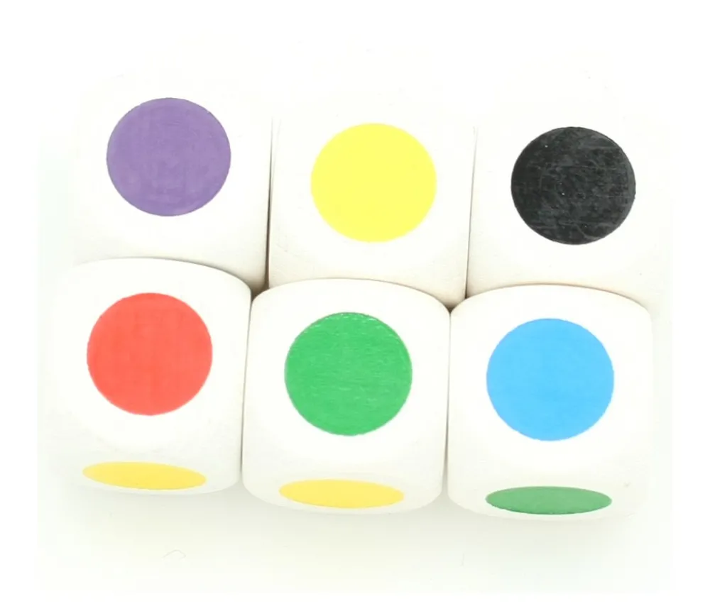 Tout Pour le Jeu Dé bois 6 points couleurs 16 mm rouge, vert, jaune, bleu, violet et noir.