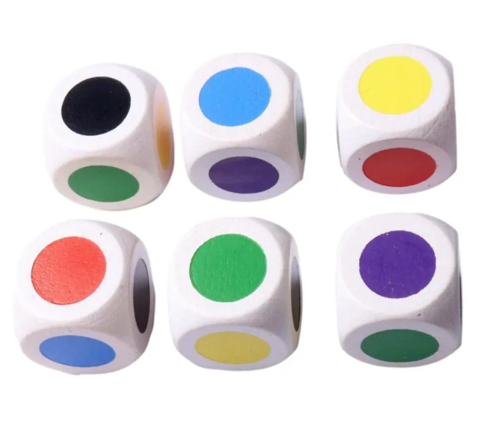 Tout Pour le Jeu Dé bois 6 points couleurs 16 mm rouge, vert, jaune, bleu, violet et noir.
