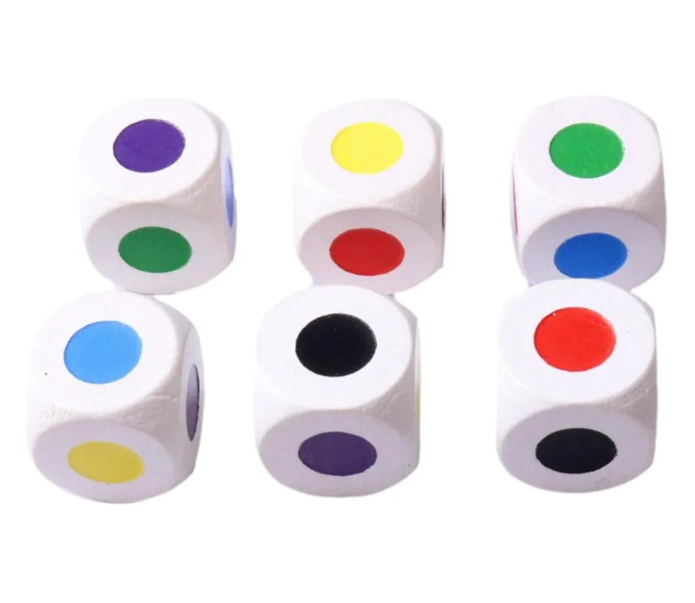 Tout Pour le Jeu Dé bois 6 points couleurs 16 mm rouge, vert, jaune, bleu, violet et noir.