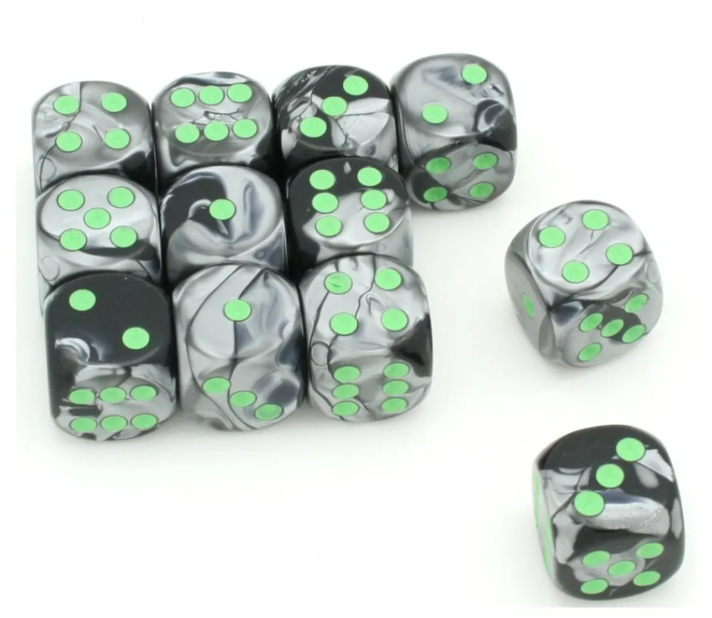 Tout Pour le Jeu Dé mix argent/noir 16 mm points verts