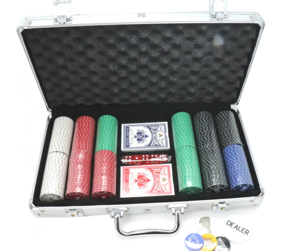 Tout Pour le Jeu Mallette de Poker avec 300 jetons , 2 jeux de Cartes, 5 dés
