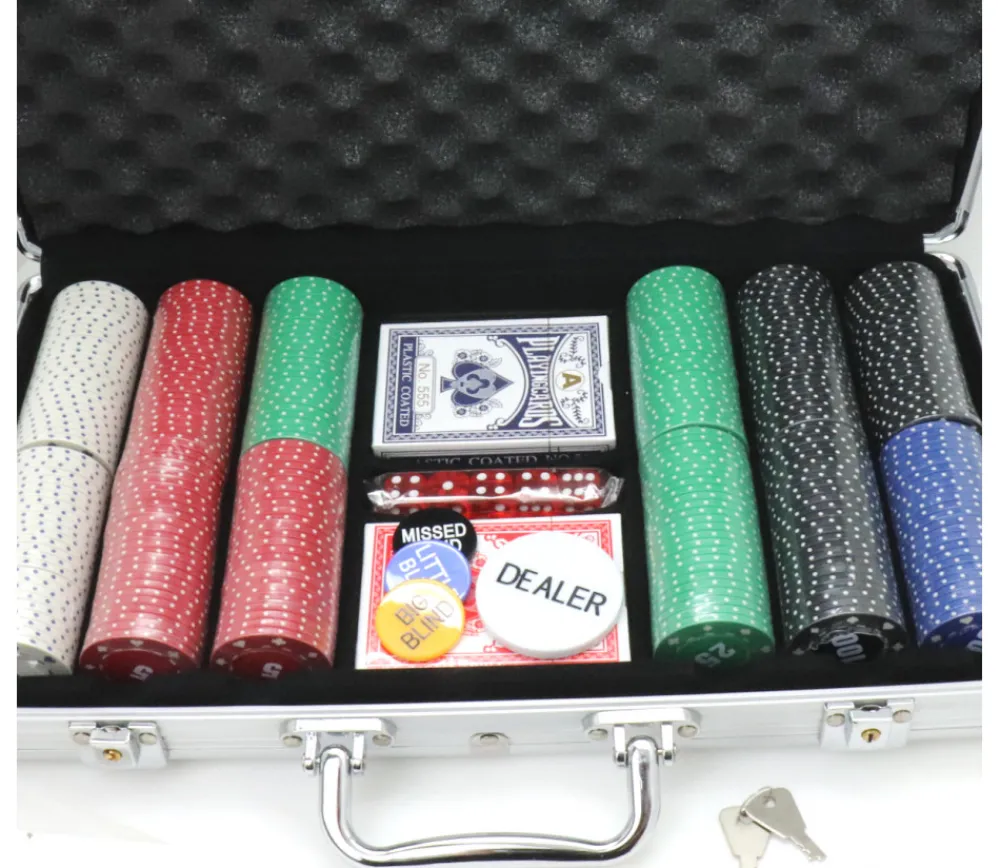 Tout Pour le Jeu Mallette de Poker avec 300 jetons , 2 jeux de Cartes, 5 dés