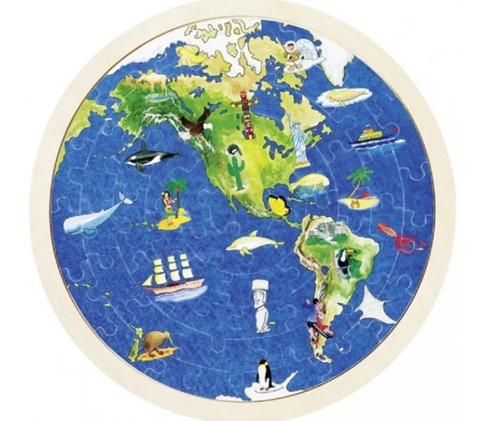 Tout Pour le Jeu Puzzle rond en bois 57 pièces double face : les continents vus du ciel