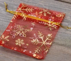 Tout Pour le Jeu Sac organzine rouge et or 9 x 12 cm flocon
