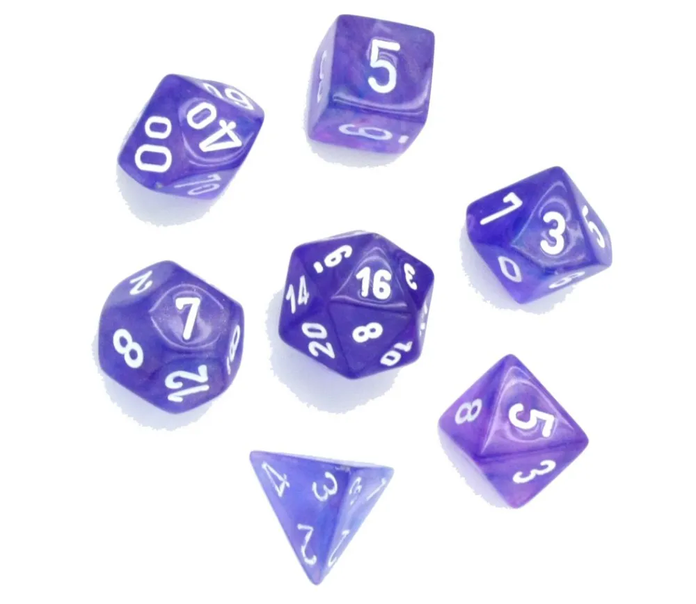Tout Pour le Jeu Set 7 dés multifaces Borealis VIOLET pailleté avec chiffres blancs