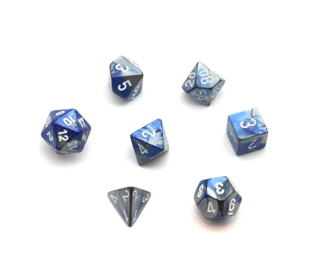 Tout Pour le Jeu Set 7 dés multi-faces effet bleu et argenté