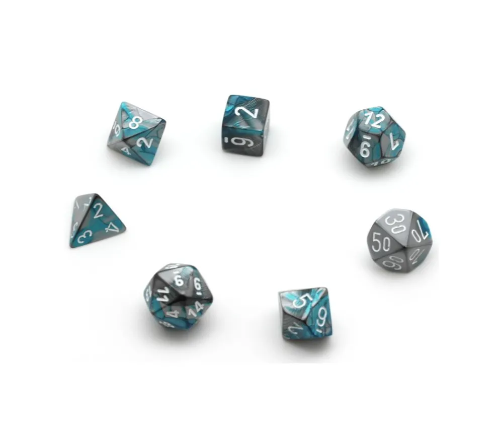 Tout Pour le Jeu Set 7 dés multi-faces effet turquoise et argenté