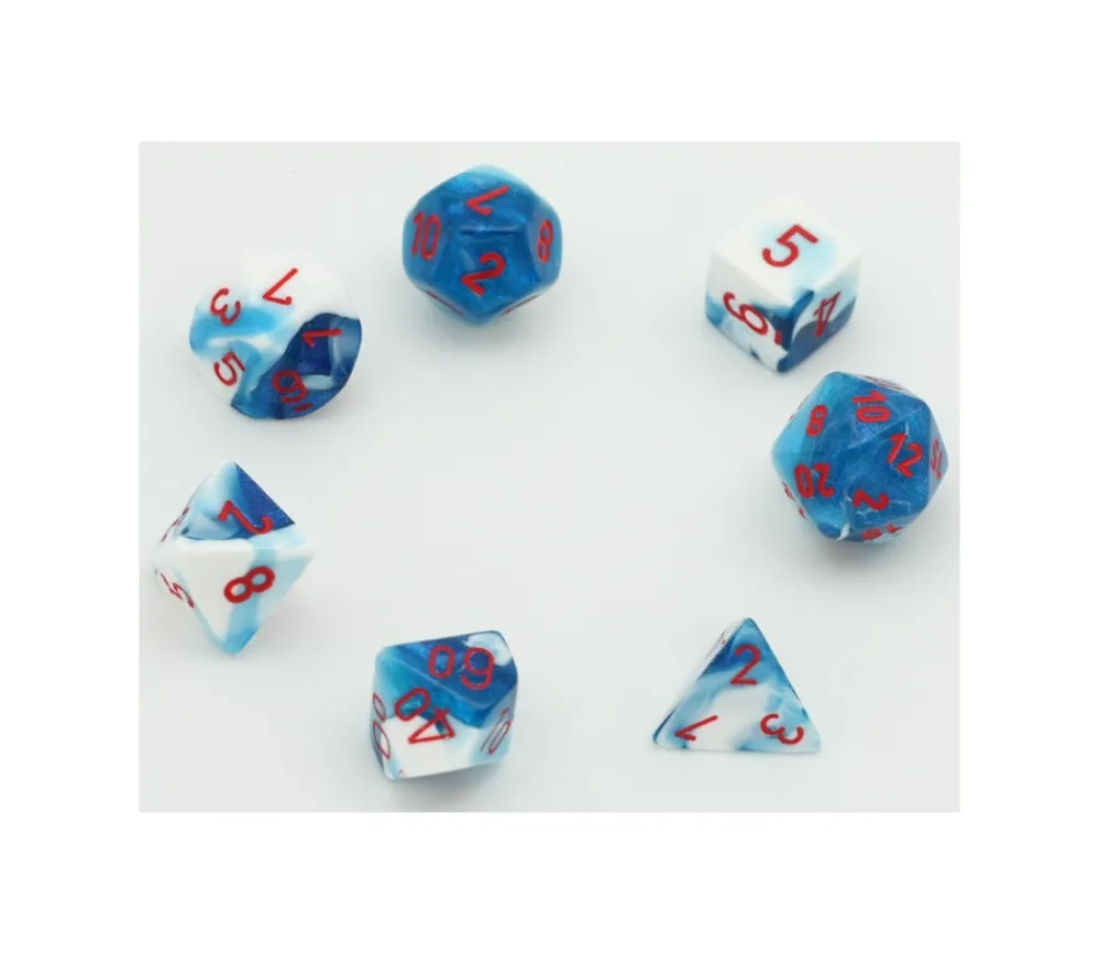 Tout Pour le Jeu Set 7 dés multi-faces glacé nacré bleu-blanc points rouge