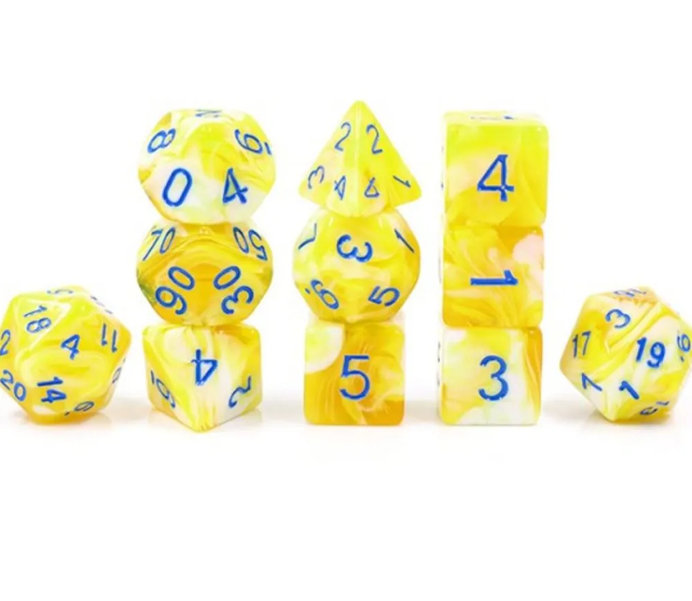 Tout Pour le Jeu Set 11 dés multi-faces jaune et blanc crème gravage bleu