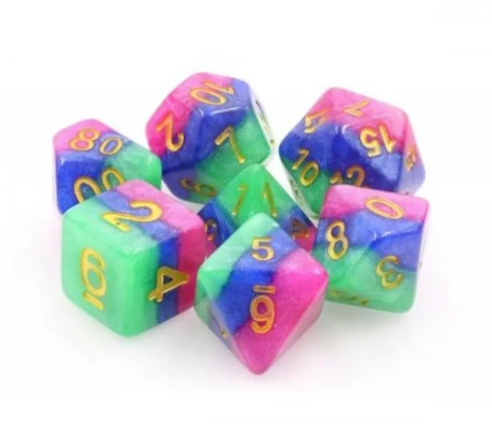 Tout Pour le Jeu Set 7 dés multi-faces Jester's Gambit rose, vert, bleu