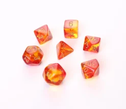 Tout Pour le Jeu Set 7 dés multi-faces rouge et jaune translucide chiffres dorés