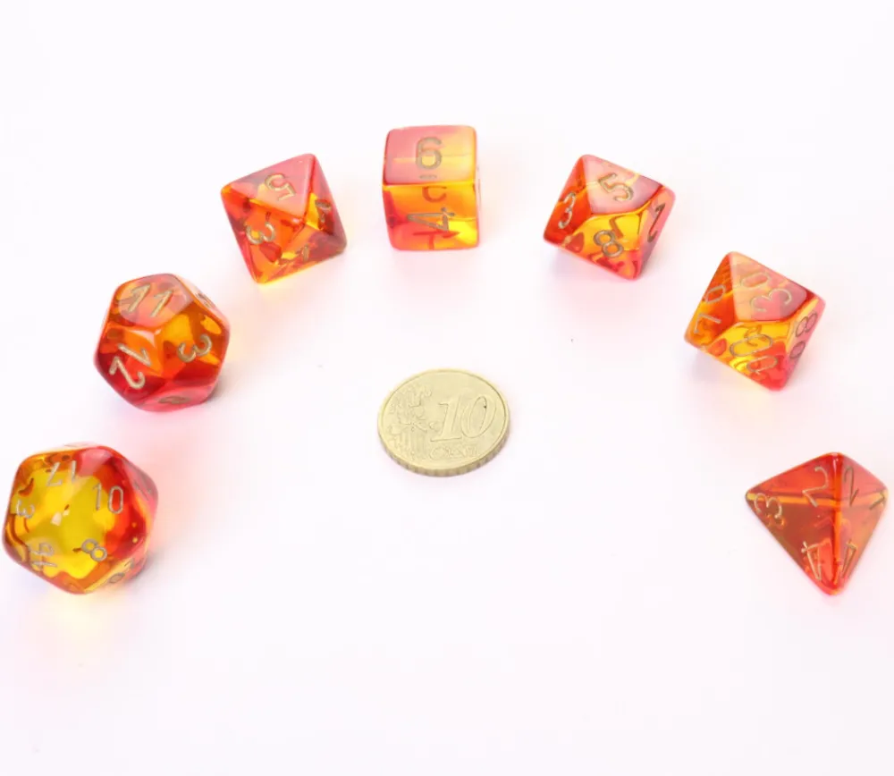 Tout Pour le Jeu Set 7 dés multi-faces rouge et jaune translucide chiffres dorés