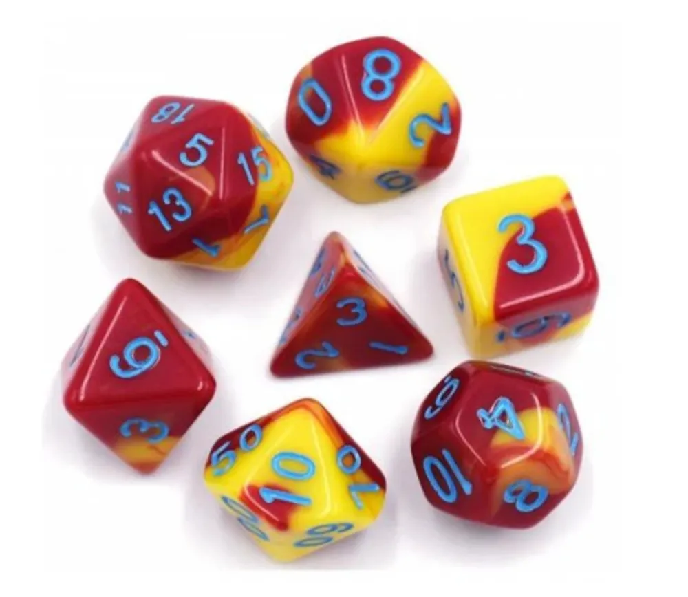 Tout Pour le Jeu Set 7 dés multi-faces rouges et jaunes opaques
